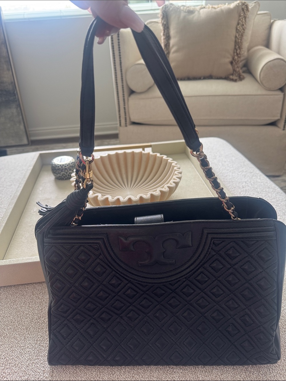 Tory Burch Black Quilted Shoulder Tote with Gold Chain Accents